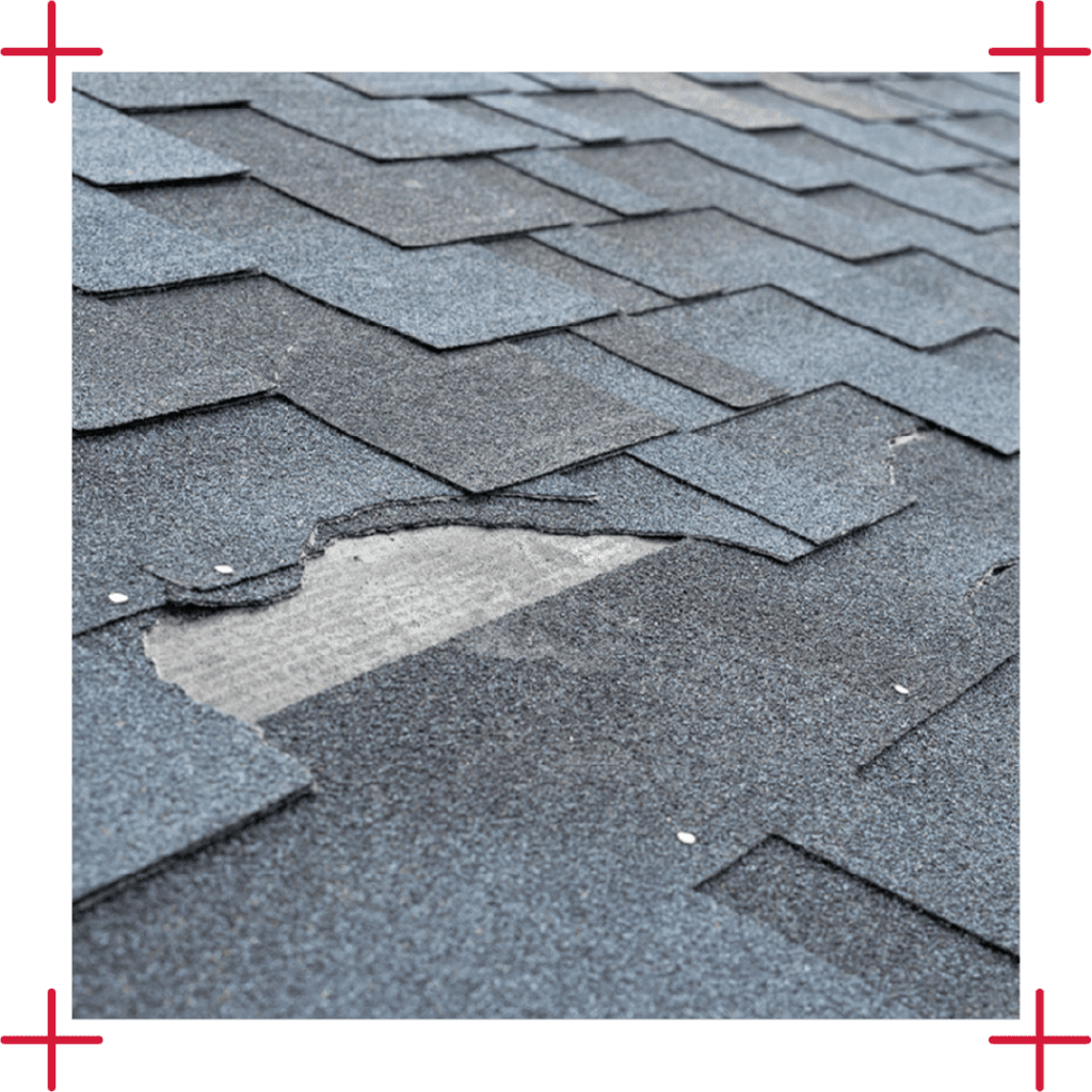 closeup photo of grey asphalt shingles that were torn off by wind damage